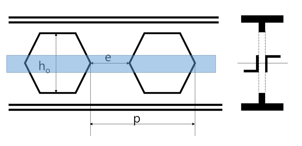 h_o, e, p 및 단면에서 2Ls, 중립축, d 개요